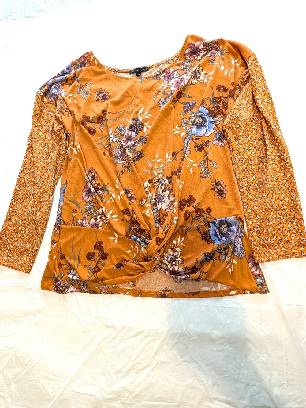 Signature Studio Mustard Yellow Floral Twist Front Long Sleeve Blouse Women's XL